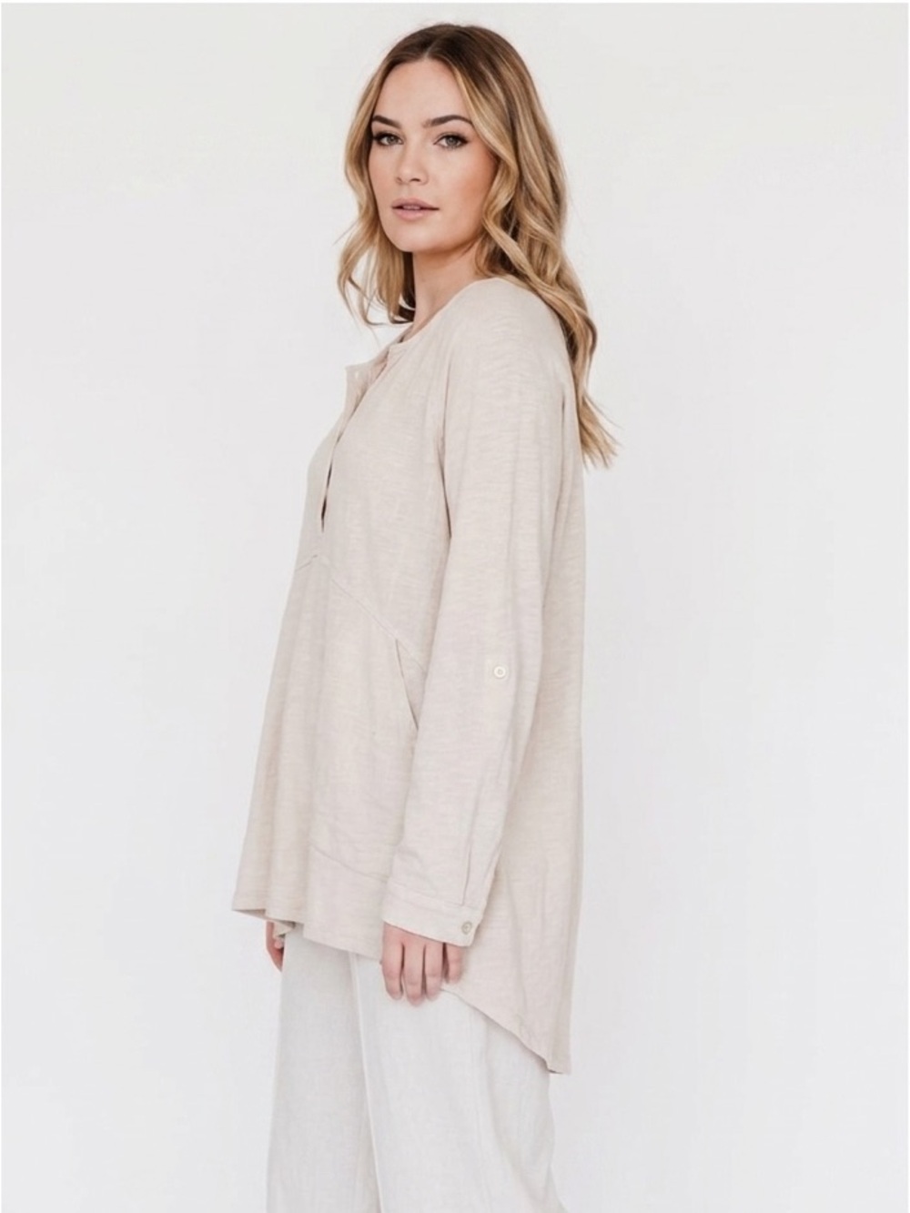 twigg + feather Cream Linen Blend Tunic Top Size Small Made in Canada Lagenlook